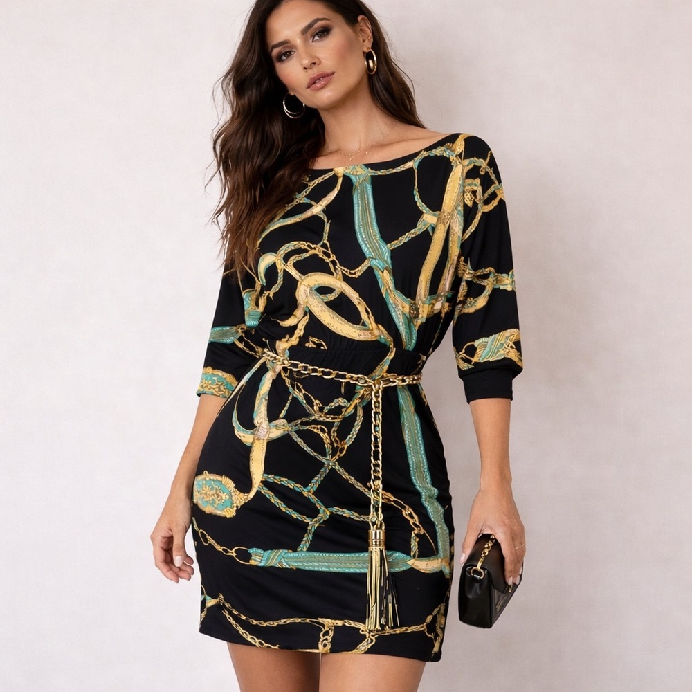 ✨Y2K Cache Dress with Green and Gold Chain Print Size M - Picture 11 of 13